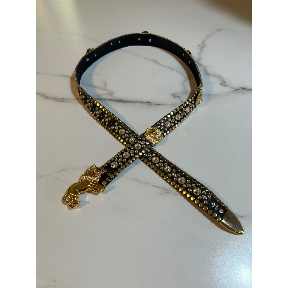 Kippys Black Leather Lion Head Crystal Studded Belt Gold Hardware Western XL